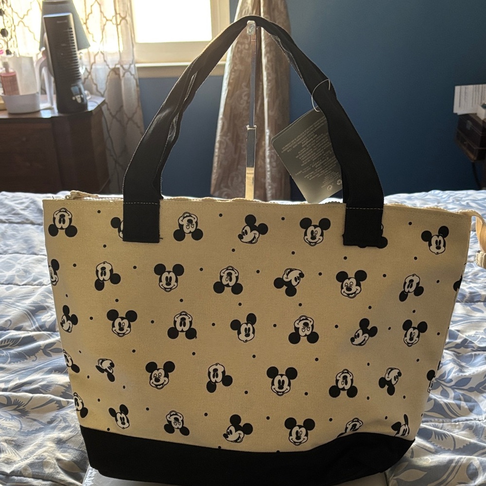 New Disney Cream Canvas Tote with Black Mickey Pattern